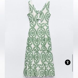 NWT Zara green white embroidered maxi summer dress cutout large fits like US 6